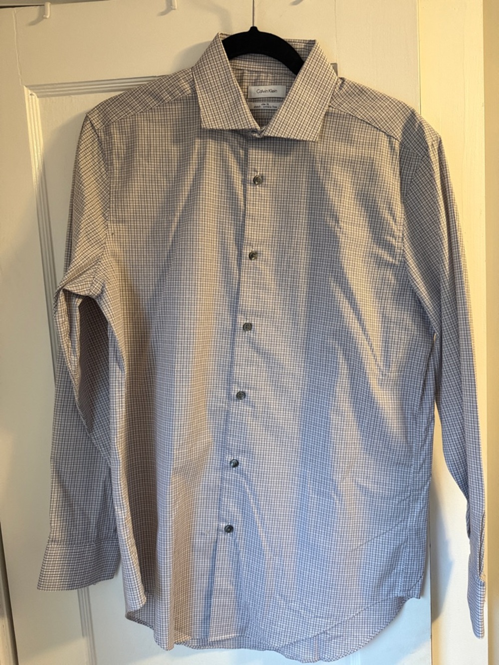 Calvin Klein Men's Light Blue and White Micro-Check Dress Shirt